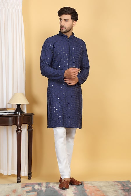 Buy_Aham-Vayam_Blue Cotton Sequins, Embroidery Nav Harsh Quad Bloom Thread Kurta With Pant _Online_at_Aza_Fashions