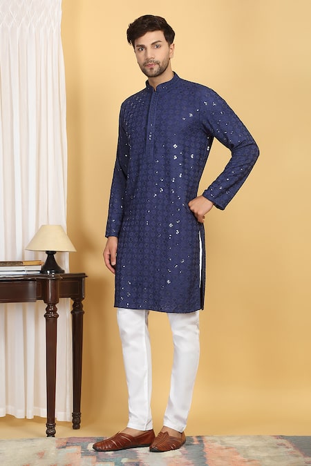Shop_Aham-Vayam_Blue Cotton Sequins, Embroidery Nav Harsh Quad Bloom Thread Kurta With Pant _Online_at_Aza_Fashions