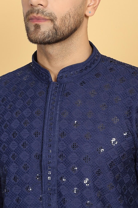 Aham-Vayam_Blue Cotton Sequins, Embroidery Nav Harsh Quad Bloom Thread Kurta With Pant _at_Aza_Fashions