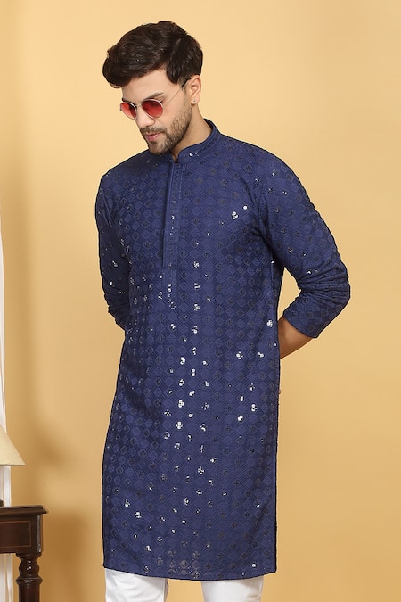 Buy_Aham-Vayam_Blue Cotton Sequins, Embroidery Nav Harsh Quad Bloom Thread Kurta With Pant 