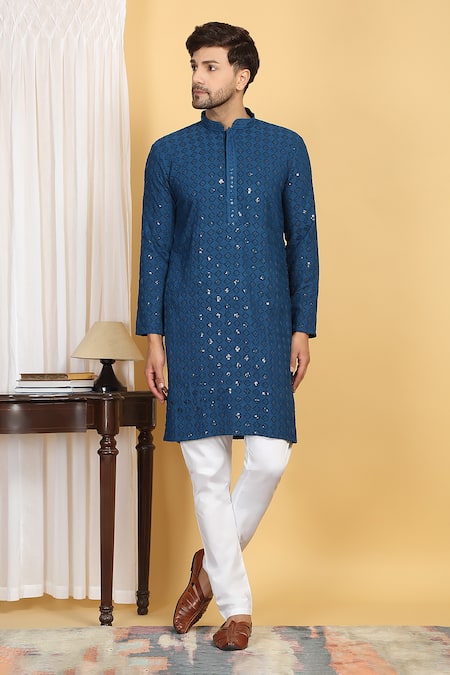 Aham-Vayam_Blue Cotton Embroidery, Sequins Nav Harsh Quad Jaal Thread Kurta With Pant _Online_at_Aza_Fashions