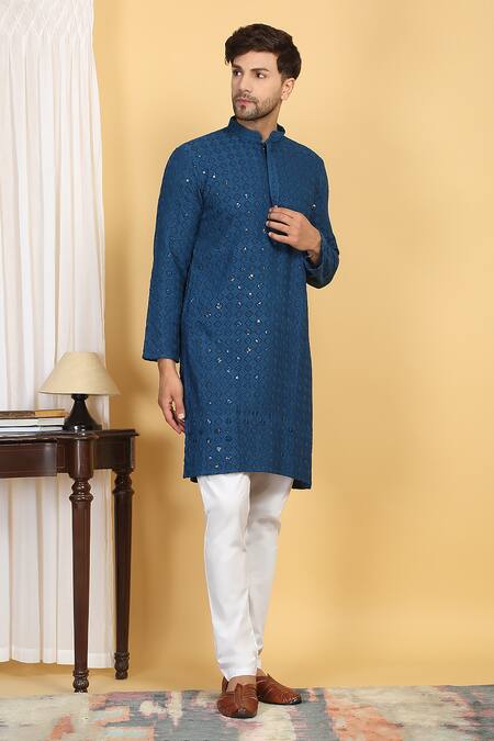 Buy_Aham-Vayam_Blue Cotton Embroidery, Sequins Nav Harsh Quad Jaal Thread Kurta With Pant _Online_at_Aza_Fashions