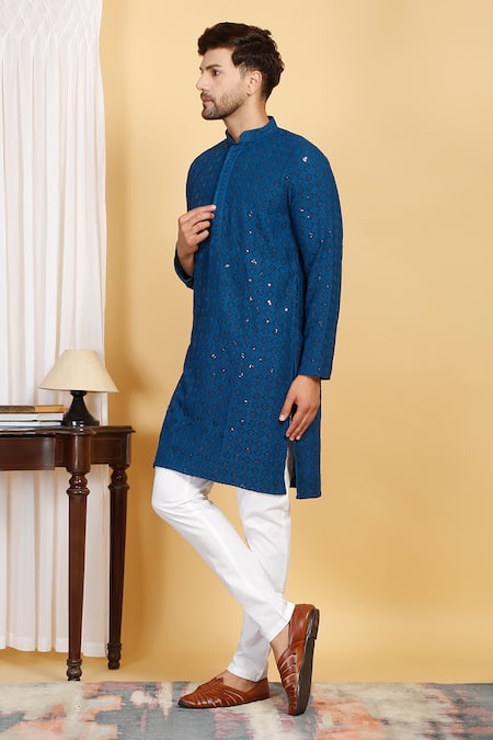 Shop_Aham-Vayam_Blue Cotton Embroidery, Sequins Nav Harsh Quad Jaal Thread Kurta With Pant _Online_at_Aza_Fashions