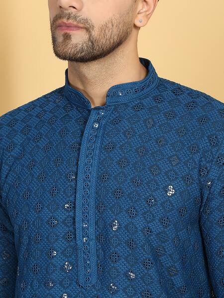 Aham-Vayam_Blue Cotton Embroidery, Sequins Nav Harsh Quad Jaal Thread Kurta With Pant _at_Aza_Fashions