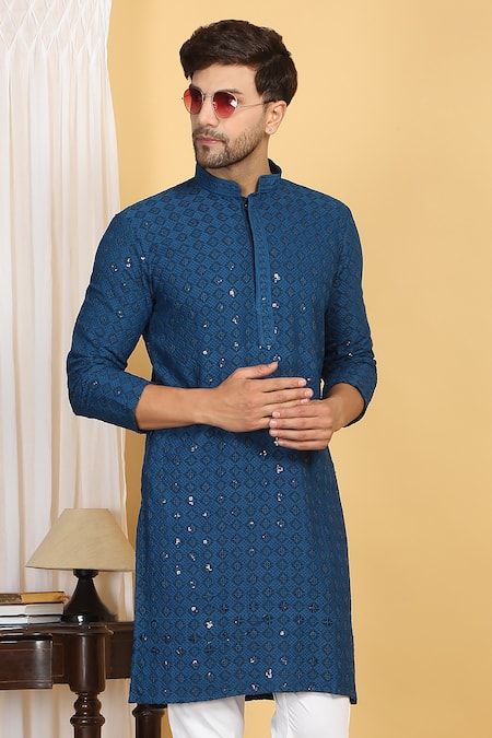 Buy_Aham-Vayam_Blue Cotton Embroidery, Sequins Nav Harsh Quad Jaal Thread Kurta With Pant 