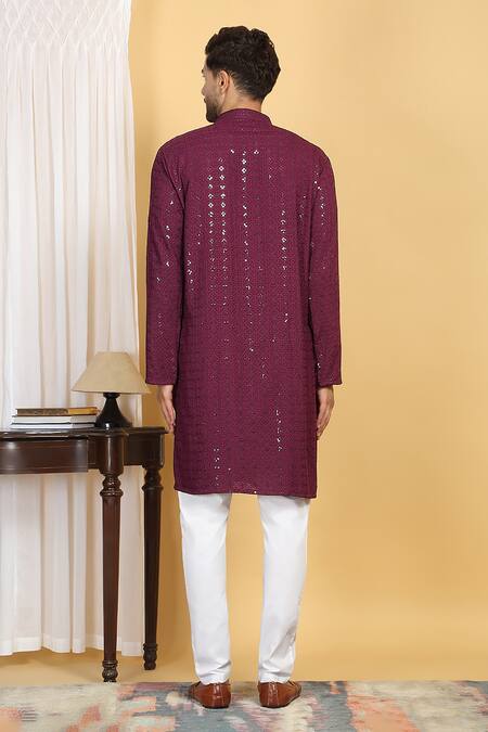 Shop Aham-Vayam Wine Cotton Sequins, Embroidery Harsh Quad Flora Jaal Thread Kurta With Pant at Aza Fashions Shop_Aham-Vayam_Wine Cotton Sequins, Embroidery Harsh Quad Flora Jaal Thread Kurta With Pant_at_Aza_Fashions