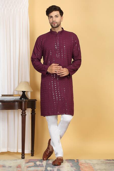 Aham-Vayam Wine Cotton Sequins, Embroidery Harsh Quad Flora Jaal Thread Kurta With Pant Online at Aza Fashions Aham-Vayam_Wine Cotton Sequins, Embroidery Harsh Quad Flora Jaal Thread Kurta With Pant_Online_at_Aza_Fashions