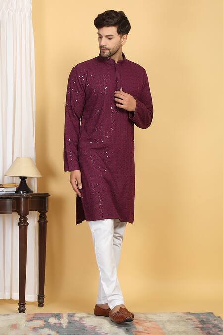 Buy Aham-Vayam Wine Cotton Sequins, Embroidery Harsh Quad Flora Jaal Thread Kurta With Pant Online at Aza Fashions Buy_Aham-Vayam_Wine Cotton Sequins, Embroidery Harsh Quad Flora Jaal Thread Kurta With Pant_Online_at_Aza_Fashions