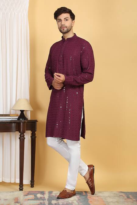 Shop Aham-Vayam Wine Cotton Sequins, Embroidery Harsh Quad Flora Jaal Thread Kurta With Pant Online at Aza Fashions Shop_Aham-Vayam_Wine Cotton Sequins, Embroidery Harsh Quad Flora Jaal Thread Kurta With Pant_Online_at_Aza_Fashions