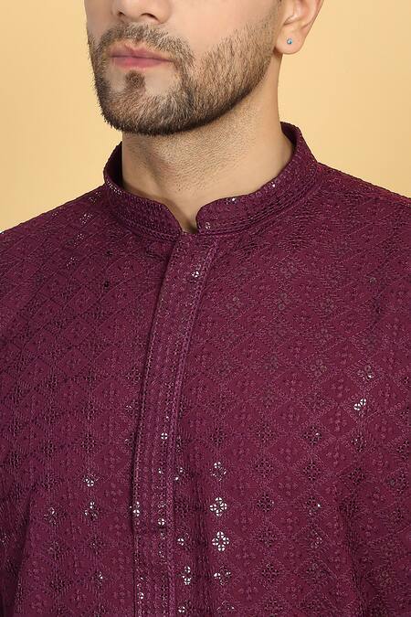 Aham-Vayam Wine Cotton Sequins, Embroidery Harsh Quad Flora Jaal Thread Kurta With Pant at Aza Fashions Aham-Vayam_Wine Cotton Sequins, Embroidery Harsh Quad Flora Jaal Thread Kurta With Pant_at_Aza_Fashions