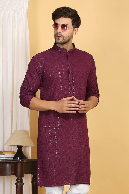 Buy Aham-Vayam Wine Cotton Sequins, Embroidery Harsh Quad Flora Jaal Thread Kurta With Pant Buy_Aham-Vayam_Wine Cotton Sequins, Embroidery Harsh Quad Flora Jaal Thread Kurta With Pant