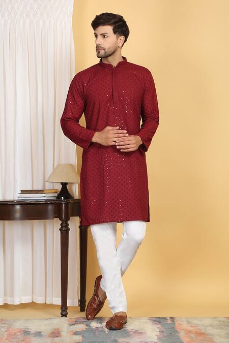 Aham-Vayam Red Cotton Sequins, Embroidery Harshit Quad Phool Jaal Thread Kurta With Pant Online at Aza Fashions Aham-Vayam_Red Cotton Sequins, Embroidery Harshit Quad Phool Jaal Thread Kurta With Pant _Online_at_Aza_Fashions