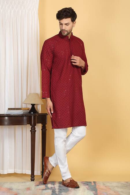 Buy Aham-Vayam Red Cotton Sequins, Embroidery Harshit Quad Phool Jaal Thread Kurta With Pant Online at Aza Fashions Buy_Aham-Vayam_Red Cotton Sequins, Embroidery Harshit Quad Phool Jaal Thread Kurta With Pant _Online_at_Aza_Fashions