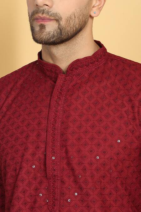 Aham-Vayam Red Cotton Sequins, Embroidery Harshit Quad Phool Jaal Thread Kurta With Pant at Aza Fashions Aham-Vayam_Red Cotton Sequins, Embroidery Harshit Quad Phool Jaal Thread Kurta With Pant _at_Aza_Fashions