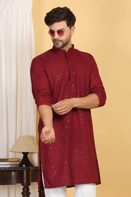 Buy Aham-Vayam Red Cotton Sequins, Embroidery Harshit Quad Phool Jaal Thread Kurta With Pant Buy_Aham-Vayam_Red Cotton Sequins, Embroidery Harshit Quad Phool Jaal Thread Kurta With Pant