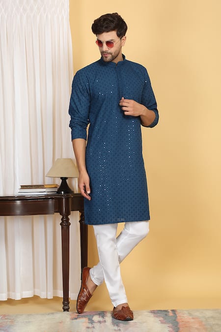 Aham-Vayam Blue Cotton Embroidery Thread Harshit Quad Jaal Kurta With Pant 