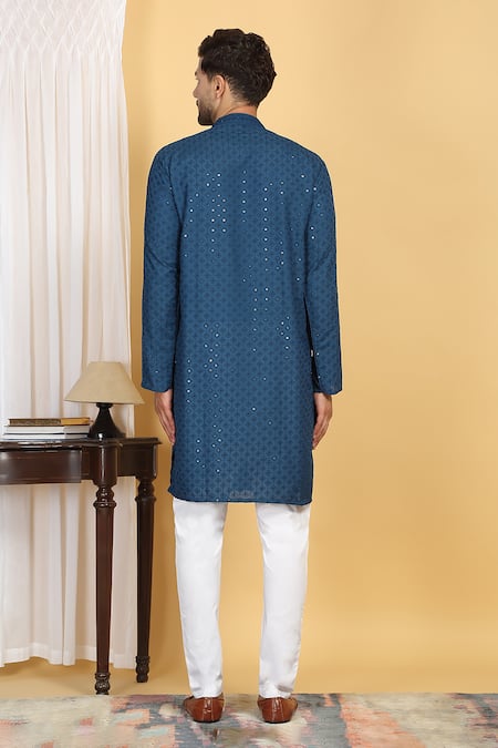 Shop_Aham-Vayam_Blue Cotton Embroidery, Sequins Harshit Quad Jaal Thread Kurta With Pant _at_Aza_Fashions
