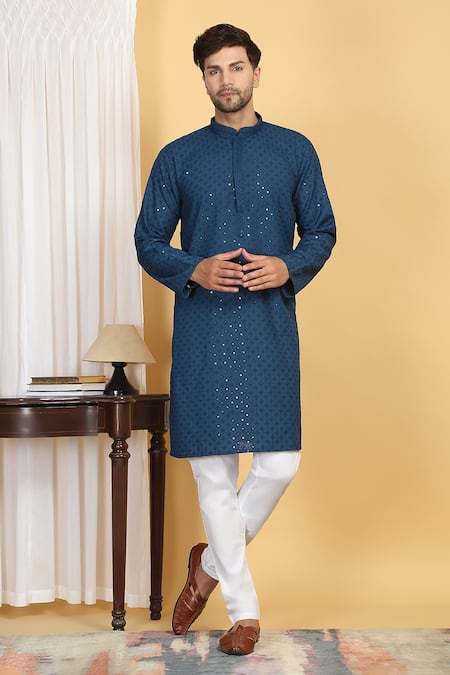 Aham-Vayam_Blue Cotton Embroidery, Sequins Harshit Quad Jaal Thread Kurta With Pant _Online_at_Aza_Fashions