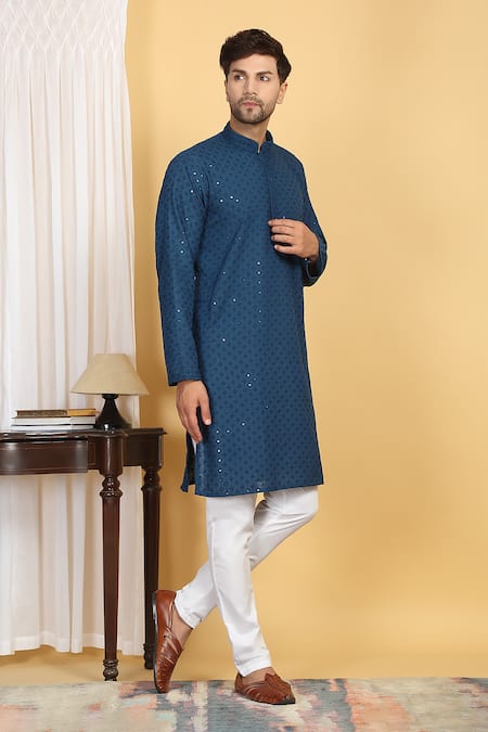 Buy_Aham-Vayam_Blue Cotton Embroidery, Sequins Harshit Quad Jaal Thread Kurta With Pant _Online_at_Aza_Fashions