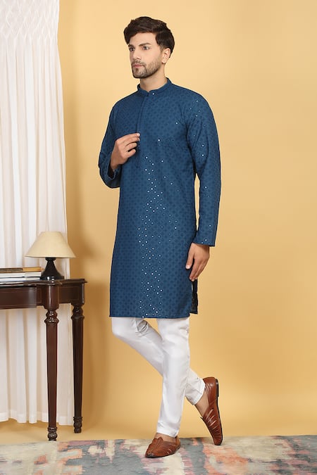 Shop_Aham-Vayam_Blue Cotton Embroidery, Sequins Harshit Quad Jaal Thread Kurta With Pant _Online_at_Aza_Fashions