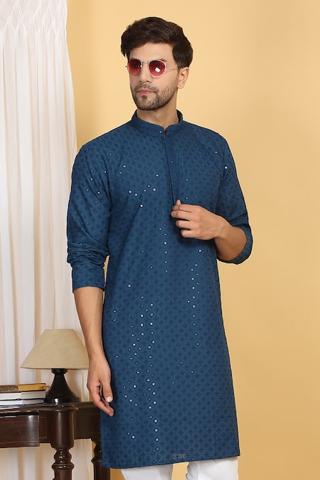 Buy_Aham-Vayam_Blue Cotton Embroidery, Sequins Harshit Quad Jaal Thread Kurta With Pant 