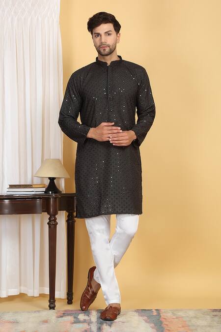 Aham-Vayam Black Cotton Sequins, Harshit Florin Quad Jaal Thread Kurta With Pant Online at Aza Fashions Aham-Vayam_Black Cotton Sequins, Harshit Florin Quad Jaal Thread Kurta With Pant _Online_at_Aza_Fashions