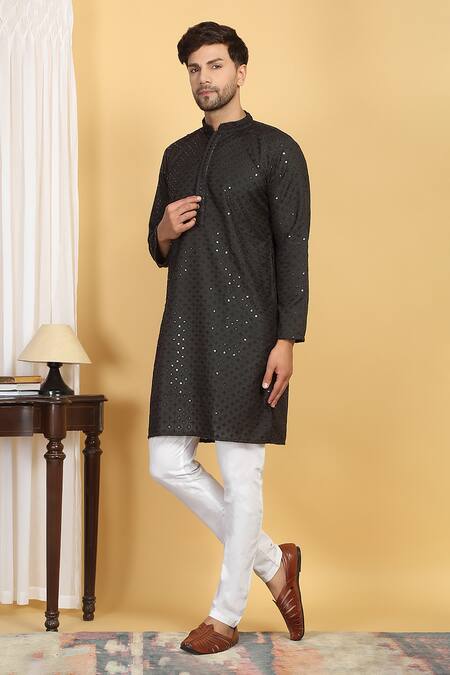 Shop Aham-Vayam Black Cotton Sequins, Harshit Florin Quad Jaal Thread Kurta With Pant Online at Aza Fashions Shop_Aham-Vayam_Black Cotton Sequins, Harshit Florin Quad Jaal Thread Kurta With Pant _Online_at_Aza_Fashions