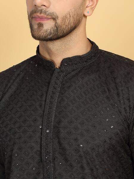 Aham-Vayam Black Cotton Sequins, Harshit Florin Quad Jaal Thread Kurta With Pant at Aza Fashions Aham-Vayam_Black Cotton Sequins, Harshit Florin Quad Jaal Thread Kurta With Pant _at_Aza_Fashions