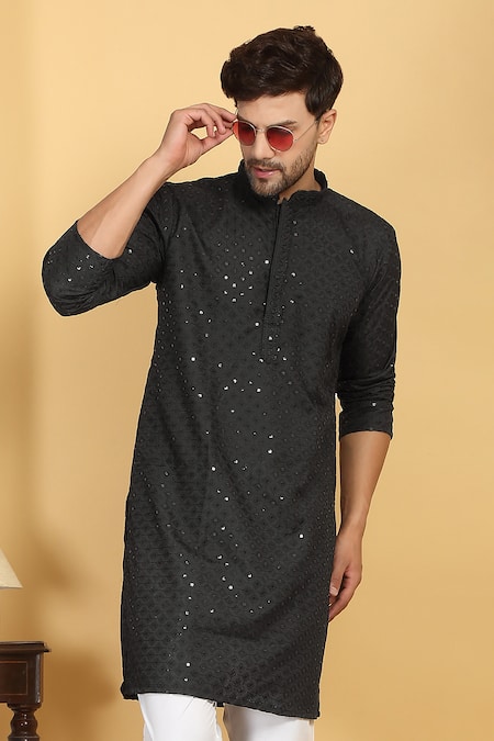 Buy Aham-Vayam Black Cotton Sequins, Harshit Florin Quad Jaal Thread Kurta With Pant Buy_Aham-Vayam_Black Cotton Sequins, Harshit Florin Quad Jaal Thread Kurta With Pant