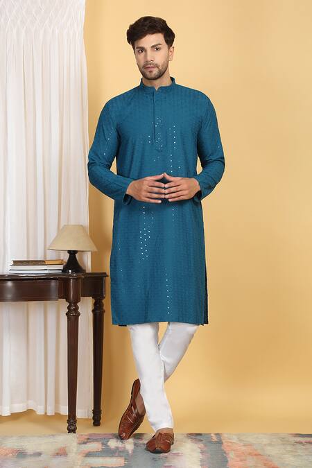 Aham-Vayam_Blue Cotton Sequins, Embroidery Aham Ditsy Bloom Jaal Thread Kurta With Pant _Online_at_Aza_Fashions