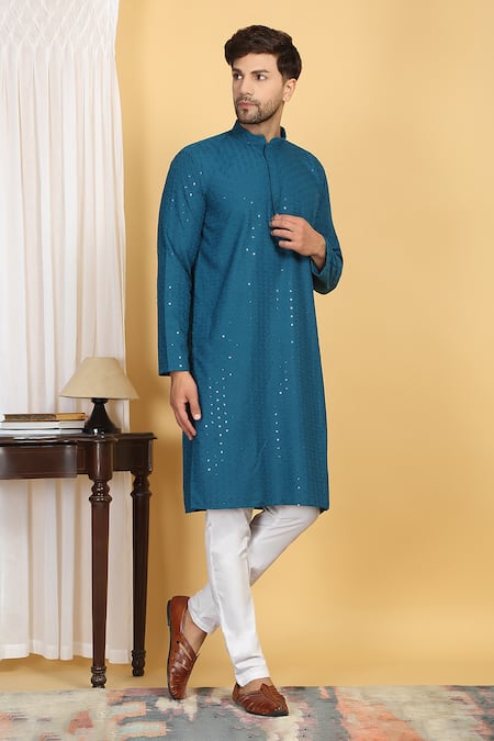 Buy_Aham-Vayam_Blue Cotton Sequins, Embroidery Aham Ditsy Bloom Jaal Thread Kurta With Pant _Online_at_Aza_Fashions