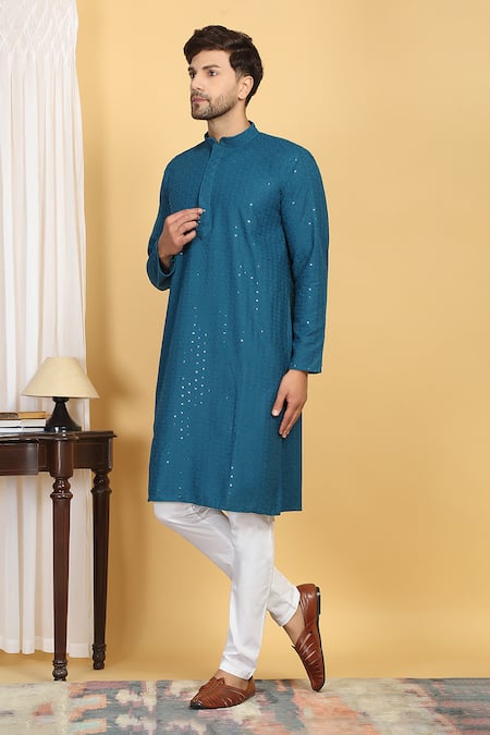 Shop_Aham-Vayam_Blue Cotton Sequins, Embroidery Aham Ditsy Bloom Jaal Thread Kurta With Pant _Online_at_Aza_Fashions