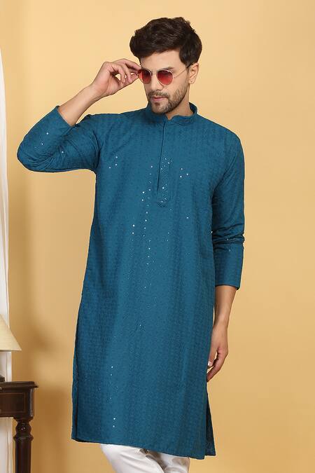 Buy_Aham-Vayam_Blue Cotton Sequins, Embroidery Aham Ditsy Bloom Jaal Thread Kurta With Pant 