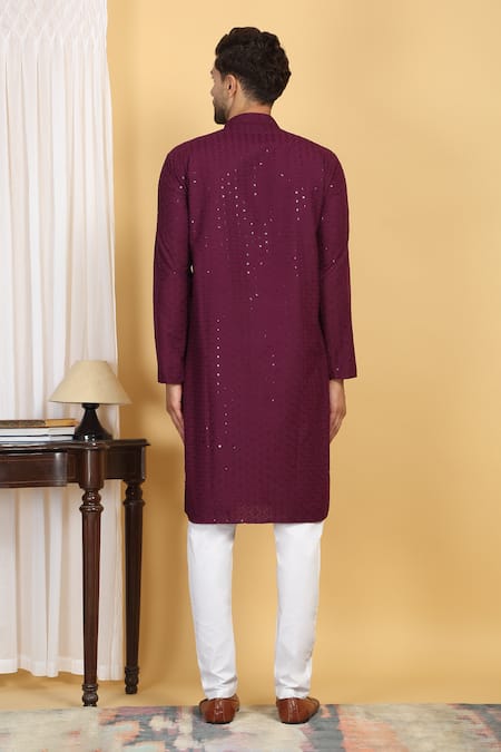 Shop_Aham-Vayam_Wine Cotton Sequins, Embroidery Aham Ditsy Blossom Jaal Thread Kurta With Pant _at_Aza_Fashions