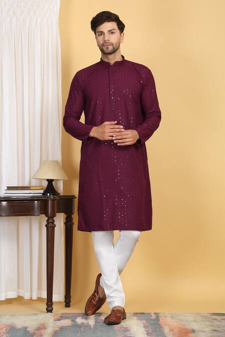 Aham-Vayam_Wine Cotton Sequins, Embroidery Aham Ditsy Blossom Jaal Thread Kurta With Pant _Online_at_Aza_Fashions