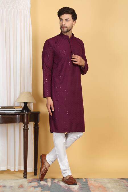 Buy_Aham-Vayam_Wine Cotton Sequins, Embroidery Aham Ditsy Blossom Jaal Thread Kurta With Pant _Online_at_Aza_Fashions