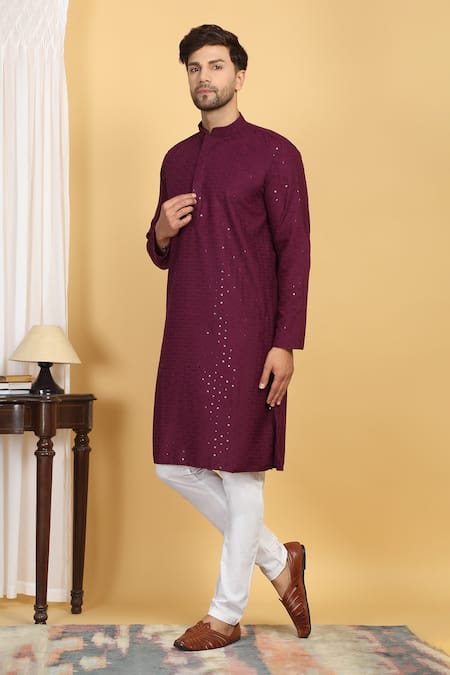 Shop_Aham-Vayam_Wine Cotton Sequins, Embroidery Aham Ditsy Blossom Jaal Thread Kurta With Pant _Online_at_Aza_Fashions