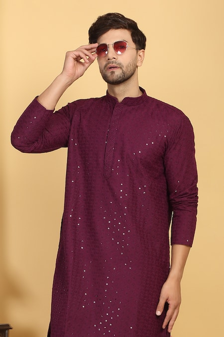 Buy_Aham-Vayam_Wine Cotton Sequins, Embroidery Aham Ditsy Blossom Jaal Thread Kurta With Pant 