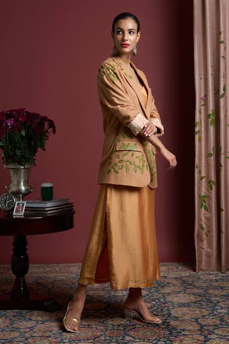 Akutee_Peach Handloom Cotton, Linen Srashti Floral Handpainted Blazer_Online_at_Aza_Fashions