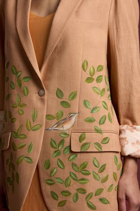 Buy_Akutee_Peach Handloom Cotton, Linen Srashti Floral Handpainted Blazer_Online_at_Aza_Fashions