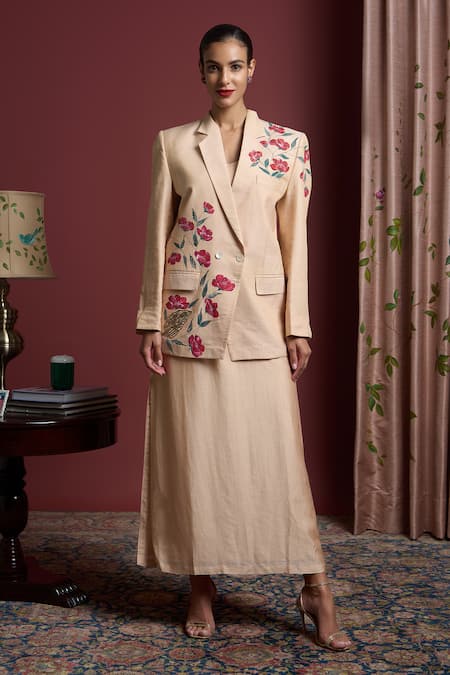 Akutee Nidhi Floral Handpainted Blazer With Dress 