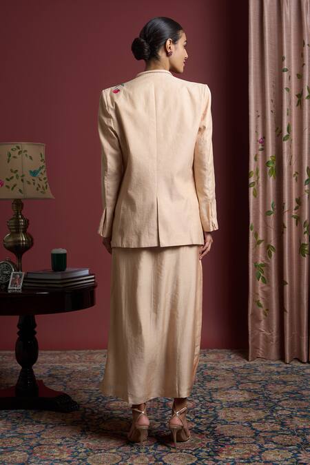 Shop Akutee Peach Chanderi Embroidery Floral Handpainted Blazer And Slip Dress Set at Aza Fashions Shop_Akutee_Peach Chanderi Embroidery Floral Handpainted Blazer And Slip Dress Set_at_Aza_Fashions