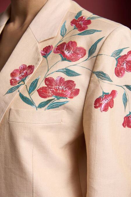 Buy Akutee Peach Chanderi Embroidery Floral Handpainted Blazer And Slip Dress Set Online at Aza Fashions Buy_Akutee_Peach Chanderi Embroidery Floral Handpainted Blazer And Slip Dress Set_Online_at_Aza_Fashions