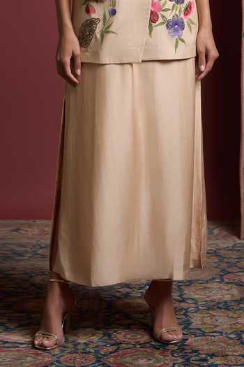 Akutee_Pink Chanderi, Tissue Ramsha Floral Handpainted Blazer With Slip Dress_Online_at_Aza_Fashions