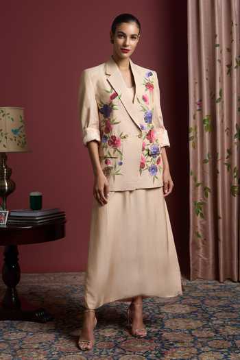 Buy_Akutee_Pink Chanderi, Tissue Ramsha Floral Handpainted Blazer With Slip Dress_Online_at_Aza_Fashions
