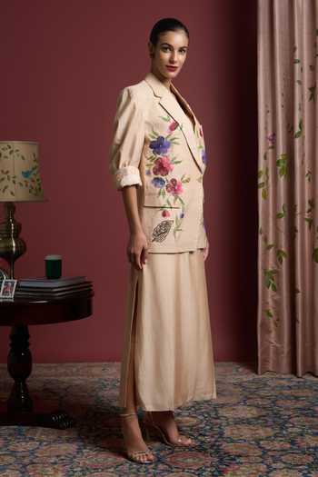 Shop_Akutee_Pink Chanderi, Tissue Ramsha Floral Handpainted Blazer With Slip Dress_Online_at_Aza_Fashions