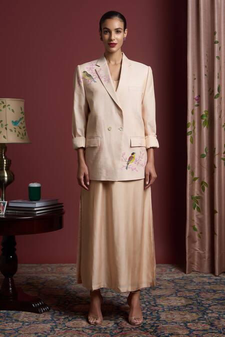 Akutee Peach Chanderi Embroidery Shloka Handpainted Blazer With Dress Online at Aza Fashions Akutee_Peach Chanderi Embroidery Shloka Handpainted Blazer With Dress_Online_at_Aza_Fashions