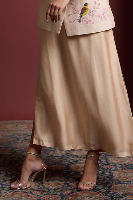 Buy Akutee Peach Chanderi Embroidery Shloka Handpainted Blazer With Dress Online at Aza Fashions Buy_Akutee_Peach Chanderi Embroidery Shloka Handpainted Blazer With Dress_Online_at_Aza_Fashions