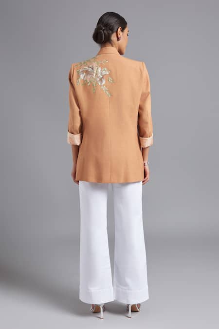Shop Akutee Peach Handloom Cotton, Linen Embroidery Meera Hand Patch Blazer at Aza Fashions Shop_Akutee_Peach Handloom Cotton, Linen Embroidery Meera Hand Patch Blazer_at_Aza_Fashions
