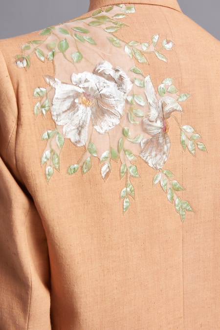 Shop Akutee Peach Handloom Cotton, Linen Embroidery Meera Hand Patch Blazer Online at Aza Fashions Shop_Akutee_Peach Handloom Cotton, Linen Embroidery Meera Hand Patch Blazer_Online_at_Aza_Fashions